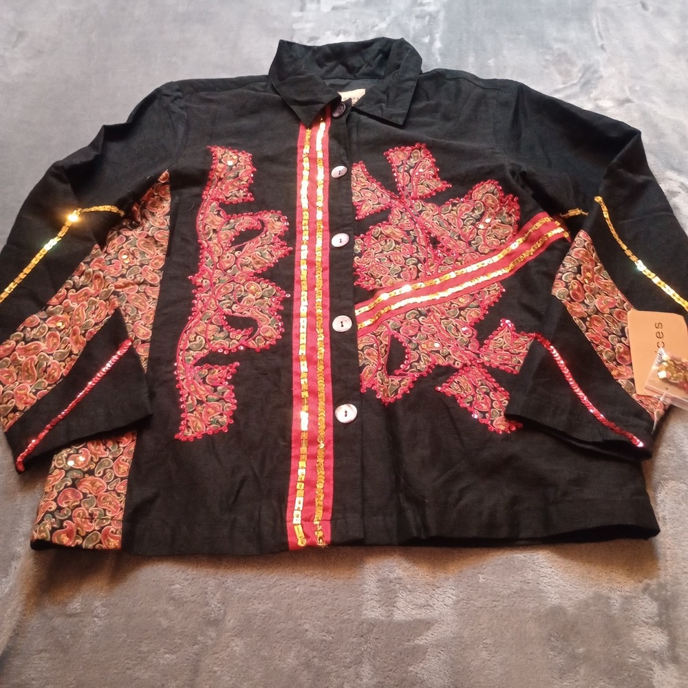 Vintage Choices‎ Blouse Top Shirt Womens Medium Black Red Asian Inspired